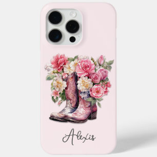 Pink Boots with Flowers Monogrammed iPhone 15 Pro Max Case