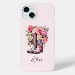 Pink Boots with Flowers Monogrammed iPhone 15 Mini Case