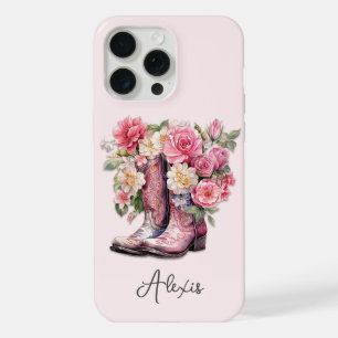 Pink Boots with Flowers Monogrammed iPhone 15 Pro Max Case