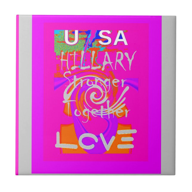 Pink Bordered Hillary Inspiration Art Print Ceramic Tile (Front)