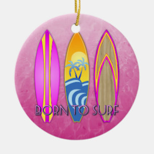 Pink Born To Surf Ceramic Tree Decoration