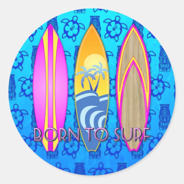 Pink Born To Surf Classic Round Sticker (Front)