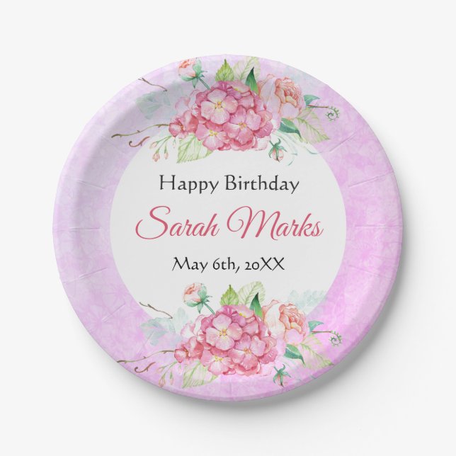 Pink Botanical Birthday Paper Plate (Front)