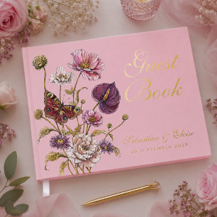 Pink Botanical Butterfly Floral Wedding Keepsake Guest Book