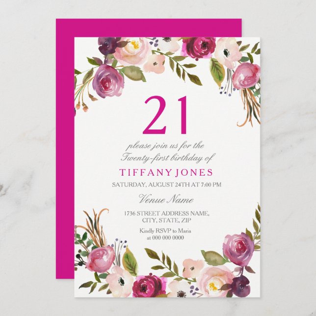 Pink Botanical Floral 21st Birthday Party Invite (Front/Back)