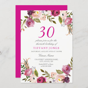 Pink Botanical Floral 30th Birthday Party Invite
