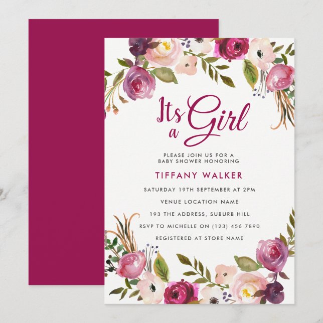 Pink Botanical Floral Girl Baby Shower Invitation (Front/Back)