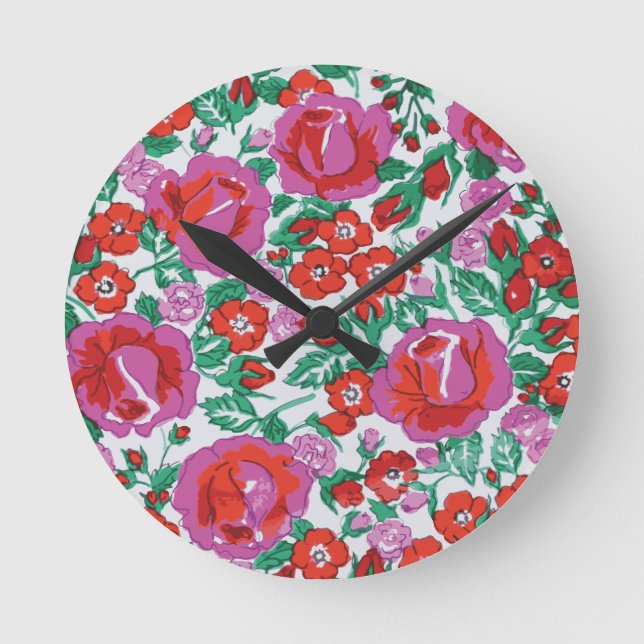 Pink Botanical Floral Pattern Round Clock (Front)