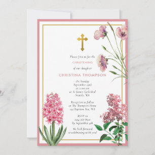 Pink Botanical & Gold Baptism Christening Girl Invitation