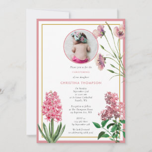 Pink Botanical Gold Baptism Christening Girl Photo Invitation