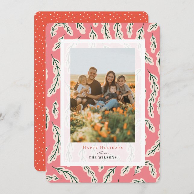 Pink Botanical Pattern Holiday Photo Card (Front/Back)