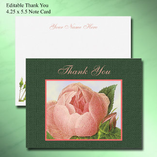 Pink Botanical Rose Editable Thank You 4.25 x 5.5 Card