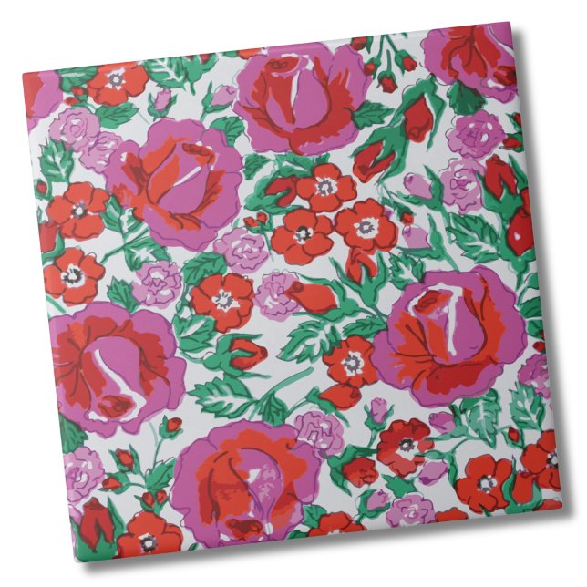 Pink Botanical Rose Floral Pattern Ceramic Tile (Elegant Botanical Rose Pink Red Floral Pattern ceramic tile)