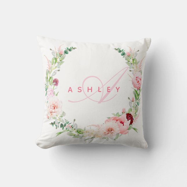 Pink Botanical Rose & Peony Wreath Name Monogram Cushion (Front)