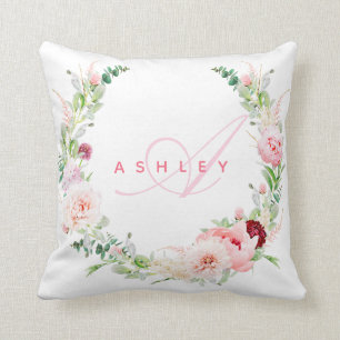 Pink Botanical Rose & Peony Wreath Name Monogram Cushion