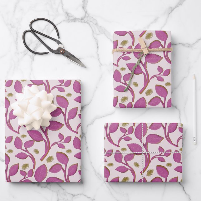 Pink Botanical Vine Pattern | Elegant Floral Leaf  Wrapping Paper Sheet (Front)