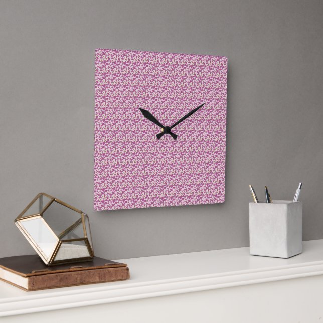 Pink Botanical Vine Pattern Floral Nature Design Square Wall Clock (Office)