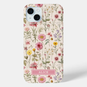 Pink Botanical Watercolor Floral Name iPhone 15 Mini Case