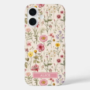 Pink Botanical Watercolor Floral Name iPhone 16 Case