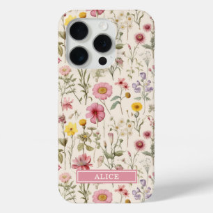 Pink Botanical Watercolor Floral Name iPhone 15 Pro Case