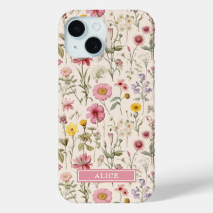 Pink Botanical Watercolor Floral Name iPhone 15 Case
