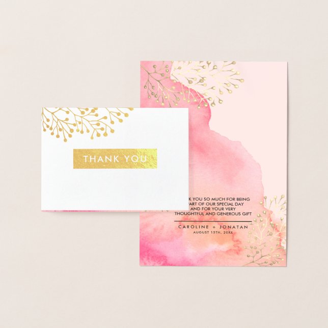 Pink Botanical Watercolor Wedding Thank You Foil Card (Display)