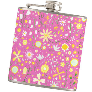 Pink Botanical Wildflower Floral Hip Flask