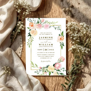 Pink Botanical Wreath Rustic QR Code Wedding Invitation