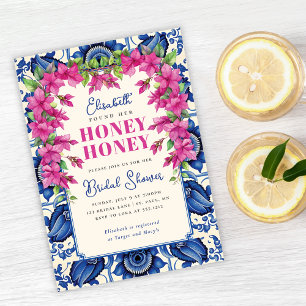 Pink Bougainvillea Blue Tile Bridal Shower Invitation