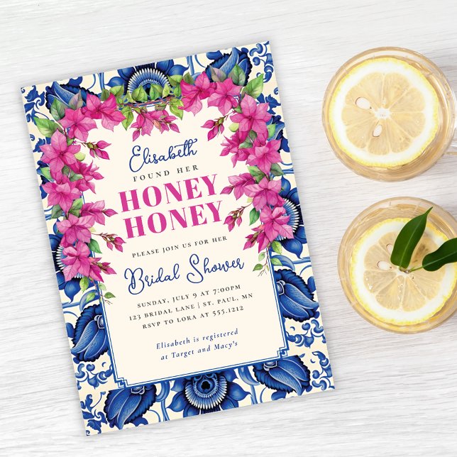Pink Bougainvillea Blue Tile Bridal Shower Invitation (Pink Bougainvillea Blue Tile Bridal Shower Invitation)