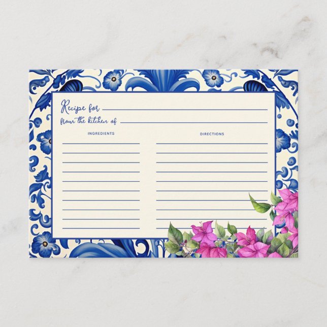 Pink Bougainvillea Blue Tile Bridal Shower Recipe Enclosure Card (Front)