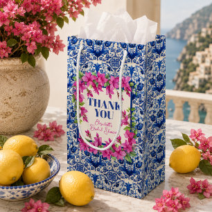 Pink Bougainvillea Blue Tile Bridal Shower Small Gift Bag