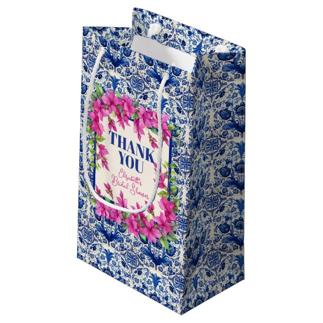 Pink Bougainvillea Blue Tile Bridal Shower Small Gift Bag (Back Angled)