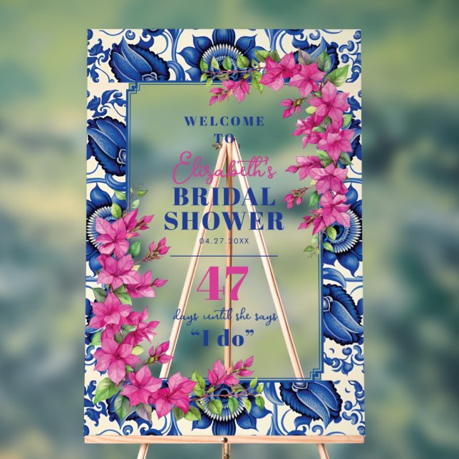 Pink Bougainvillea Blue Tile Bridal Shower Welcome Acrylic Sign (Neutral)