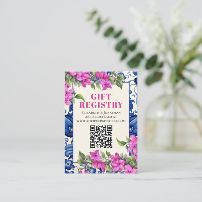 Pink Bougainvillea Blue Tile QR Gift Registry  Enclosure Card (Standing Front)