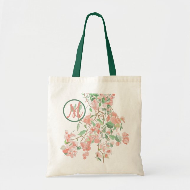 Pink Bougainvillea Monogram Watercolor Tote Bag (Front)