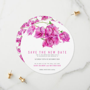 Pink bougainvillea save the new date wedding round save the date