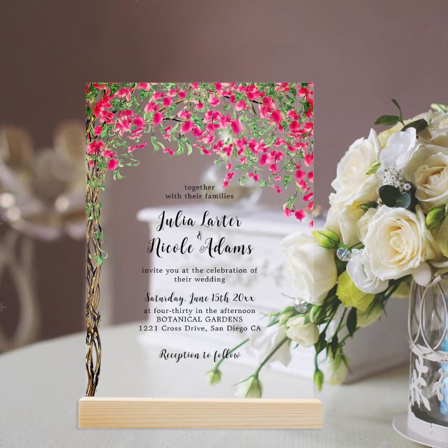 Pink Bougainvillea Tropical Forest Wedding Acrylic Invitations (Creator Uploaded)