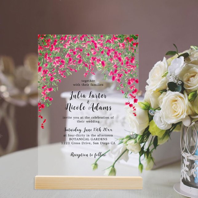 Pink Bougainvillea Tropical Forest Wedding Shower Acrylic Invitations (Creator Uploaded)