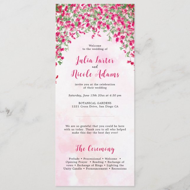 Pink Bougainvillea Tropical Forest Wedding Shower Program (Front)