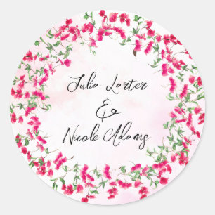 Pink Bougainvillea Tropical Forest Wreath Wedding Classic Round Sticker