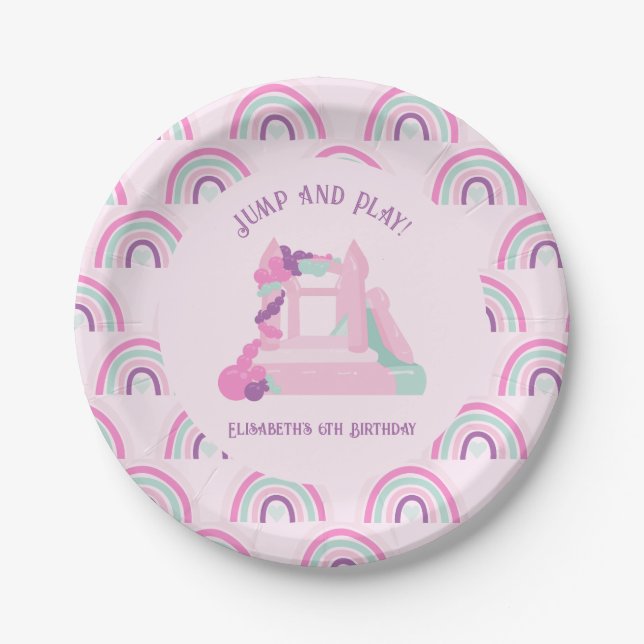 Pink Bounce House Castle Birthday Paper Plate (Front)