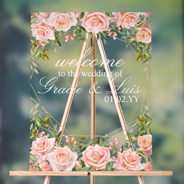 Pink Bouquet Botanical Florals Gold Wedding Acrylic Sign (Neutral)