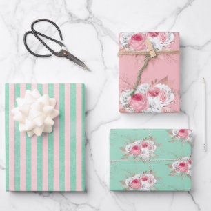 Pink Bouquet  & Matching Stripes  Wrapping Paper Sheet