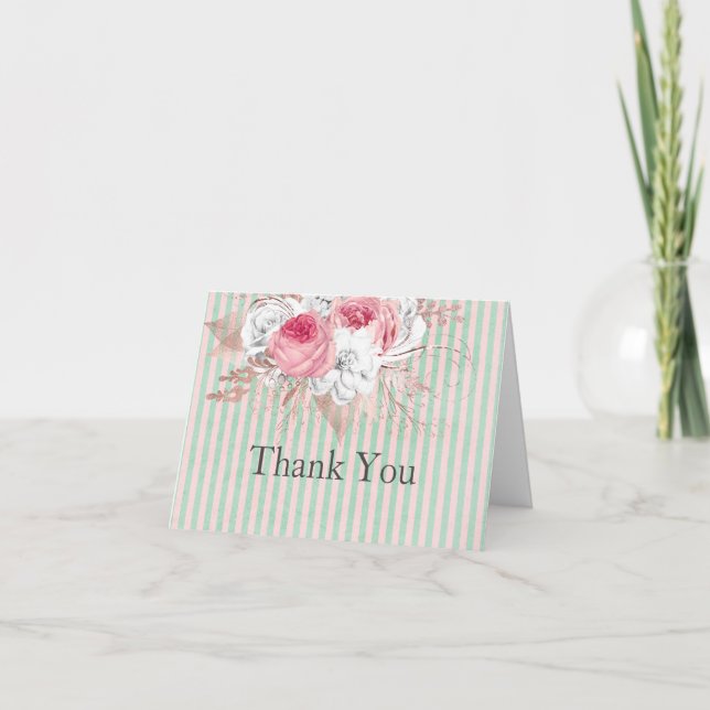 Pink Bouquet Stripes   Thank You Card (Front)