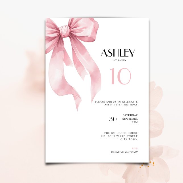 Pink Bow 10th Birthday Invitation for Girls (Creator Uploaded)