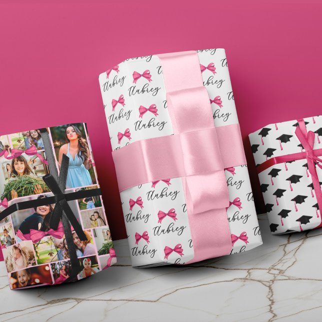 Pink Bow 12 Photo Collage Graduation Patterns Wrapping Paper Sheet (Creator Uploaded)