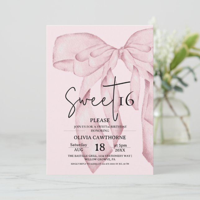 Pink Bow 16th Birthday ⎮ Elegant Sweet 16 Invitation (Standing Front)