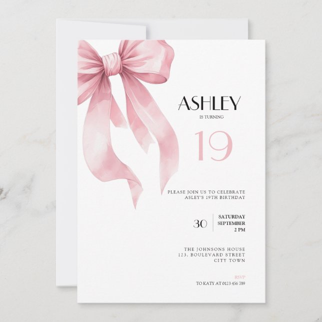 Pink Bow 19th Birthday Invitation for Girls (Front)