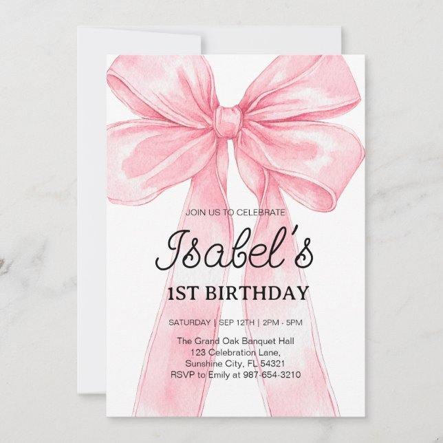 Pink Bow 1st Birthday,Elegant 1st Pink Ribbon Invitation (Front)